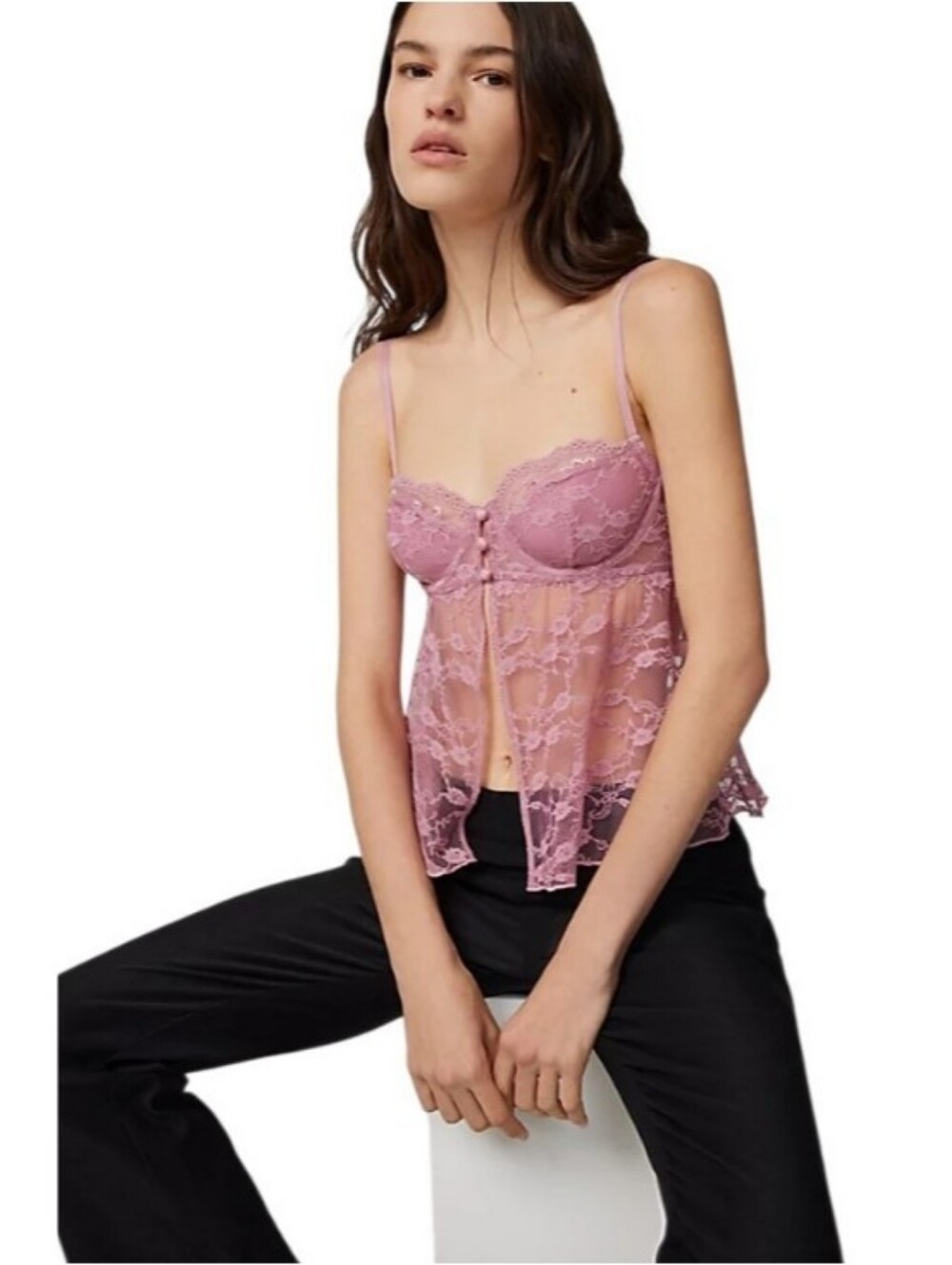 Out From Under Cherie Sheer Lace Cropped Babydoll Cami (Rose)
